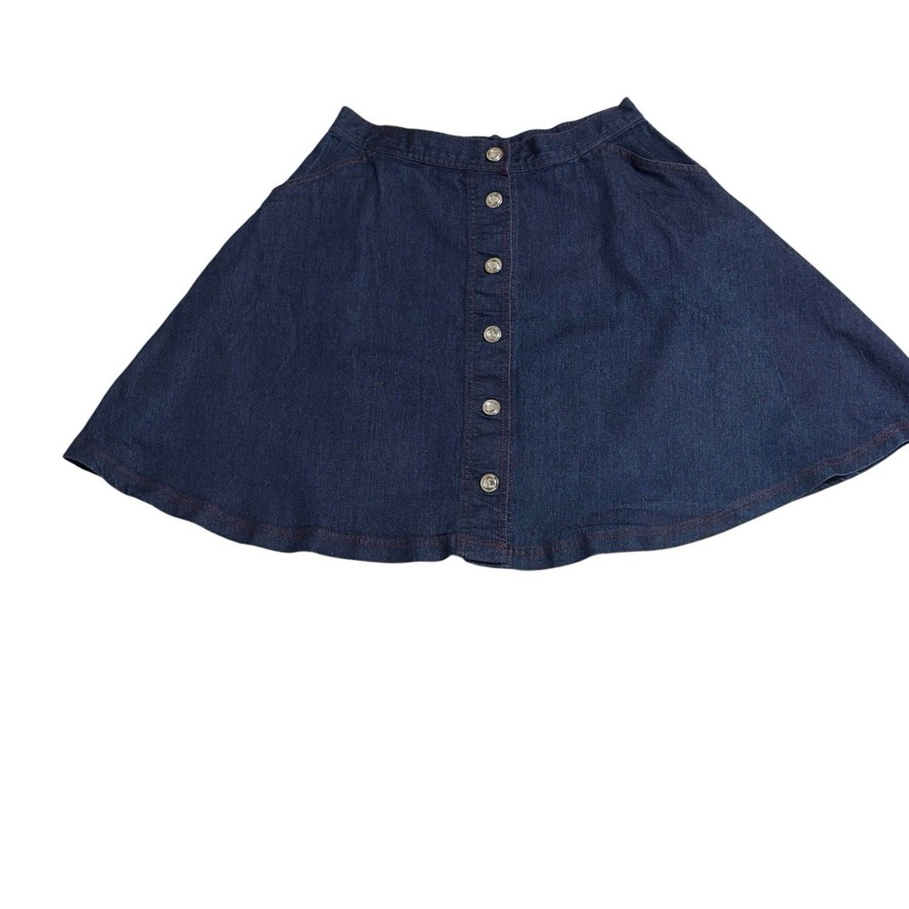 Unique Vintage Skirt Womens XL/14 Blue Excellent Button Front Denim A-Line Mini